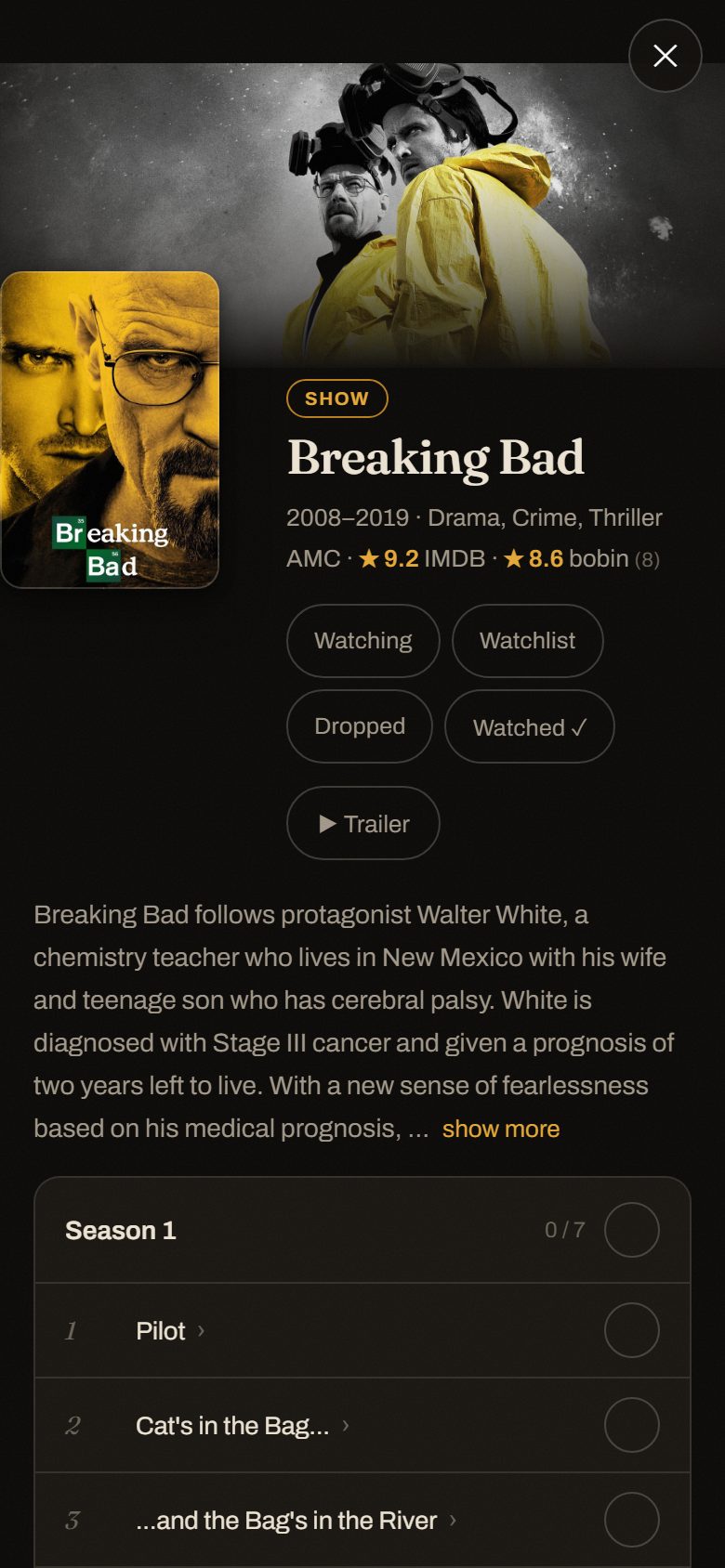 bobin app: tracking a show episode by episode